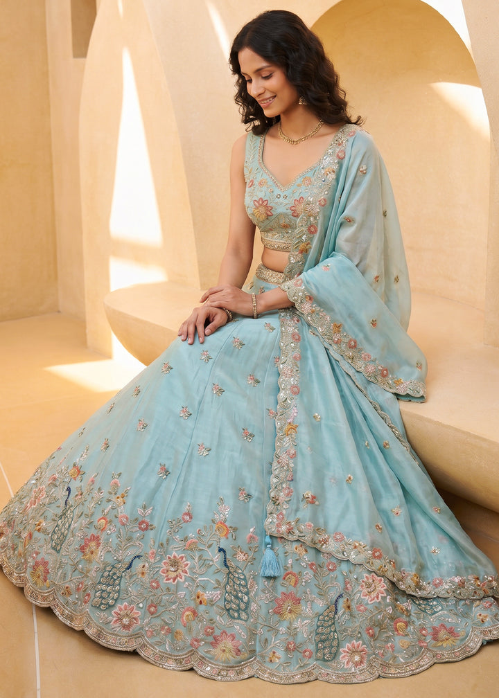 Sky Blue Organza Lehenga Choli with Floral &amp; Peacock Embroidery