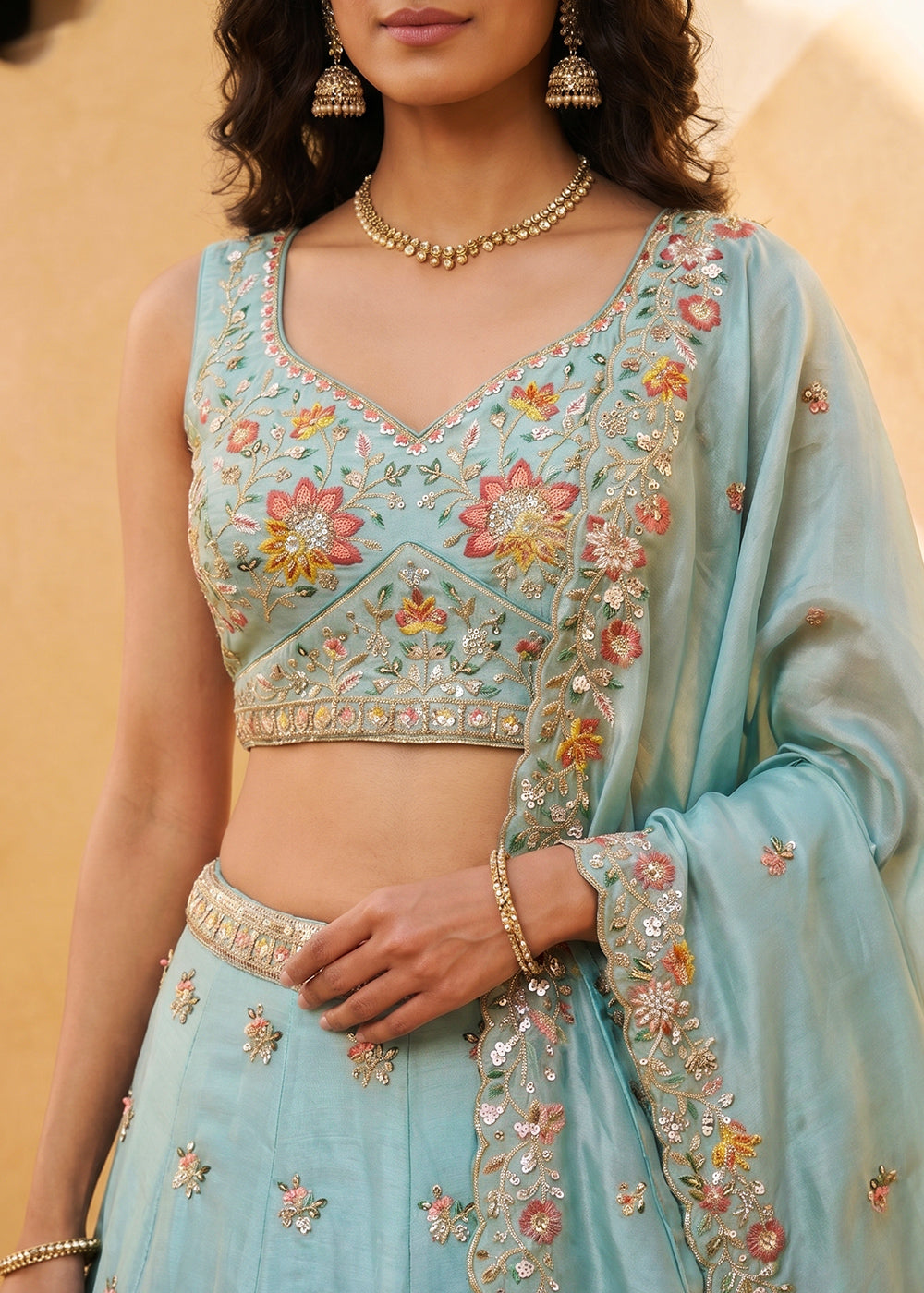 Sky Blue Organza Lehenga Choli with Floral &amp; Peacock Embroidery