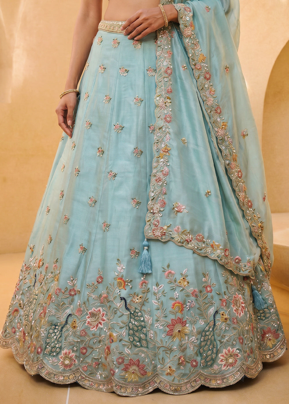 Sky Blue Organza Lehenga Choli with Floral &amp; Peacock Embroidery