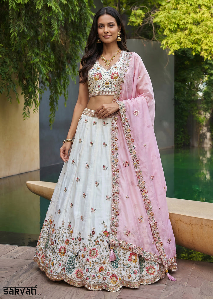Ivory White Organza Lehenga Choli with Baby Pink Dupatta, Zari, Thread &amp; Peacock Embroidery