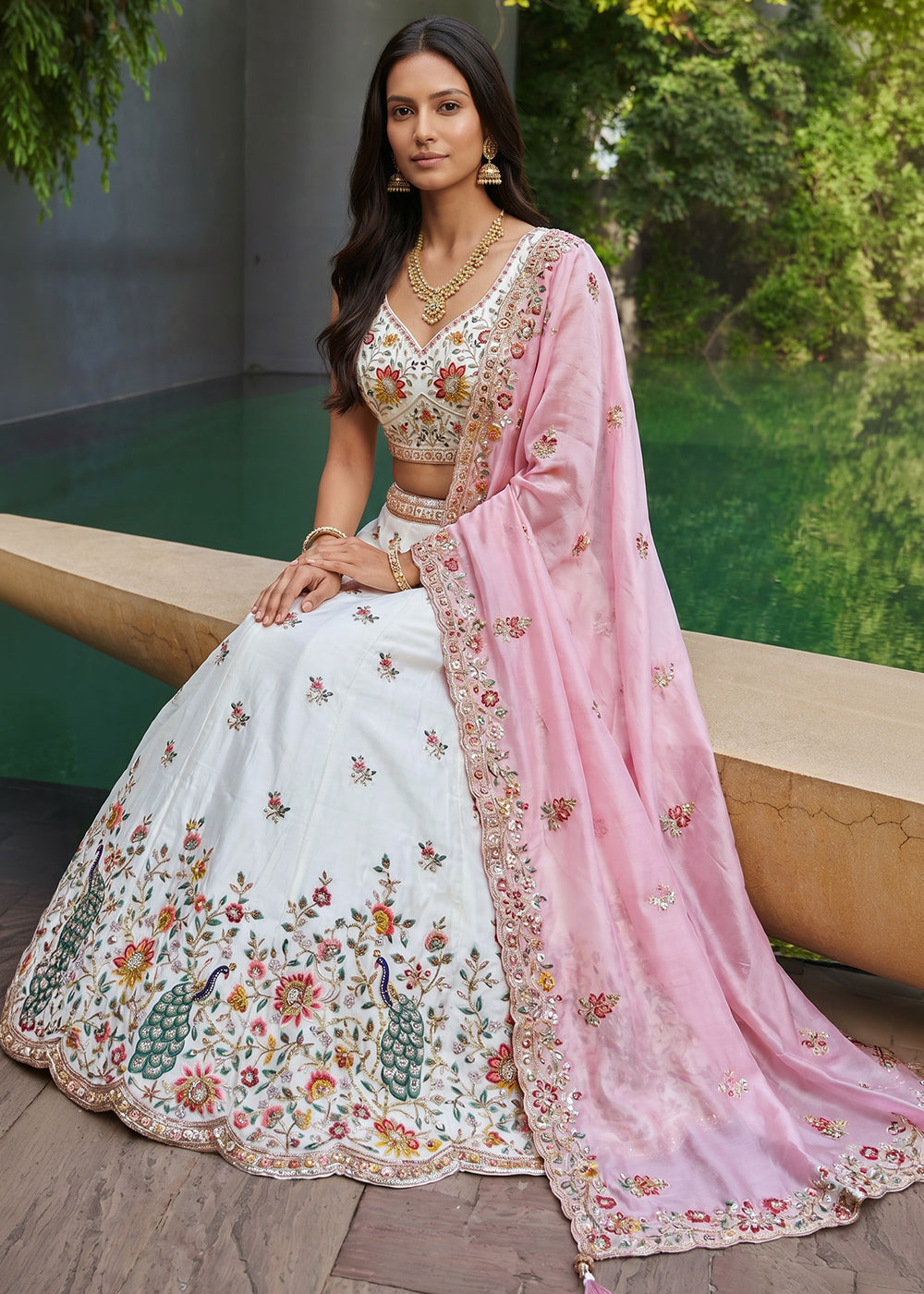 Ivory White Organza Lehenga Choli with Baby Pink Dupatta, Zari, Thread &amp; Peacock Embroidery