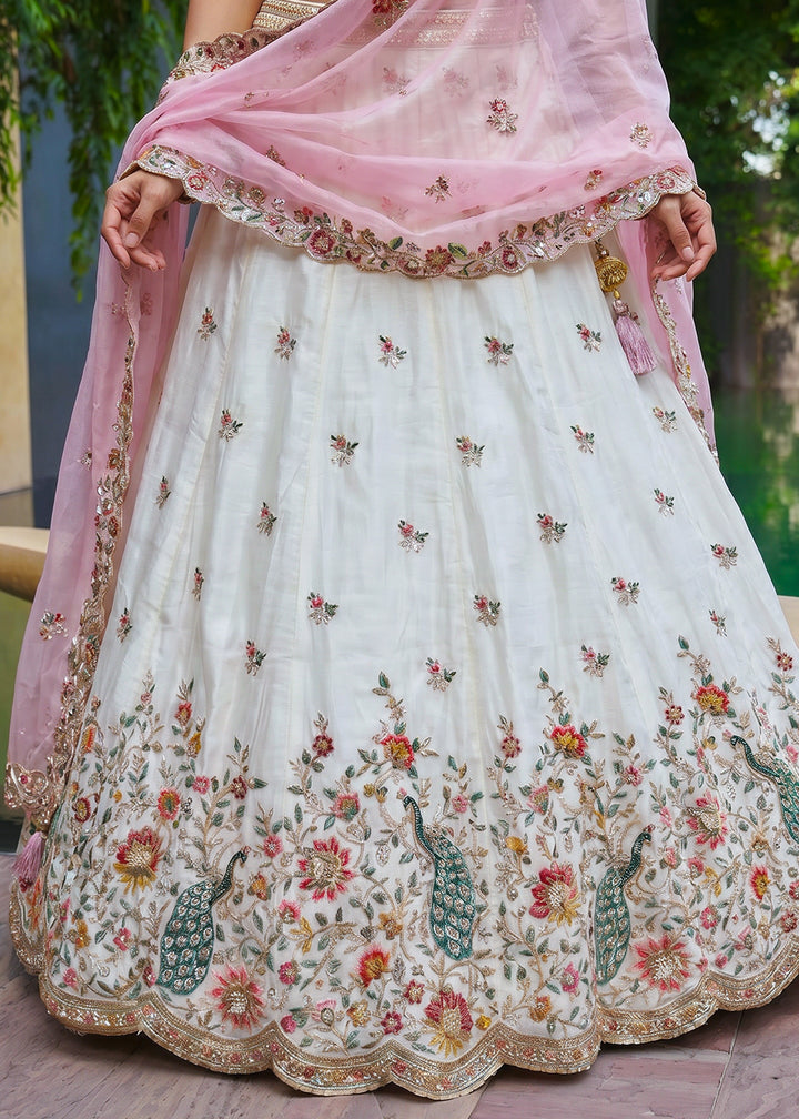 Ivory White Organza Lehenga Choli with Baby Pink Dupatta, Zari, Thread &amp; Peacock Embroidery