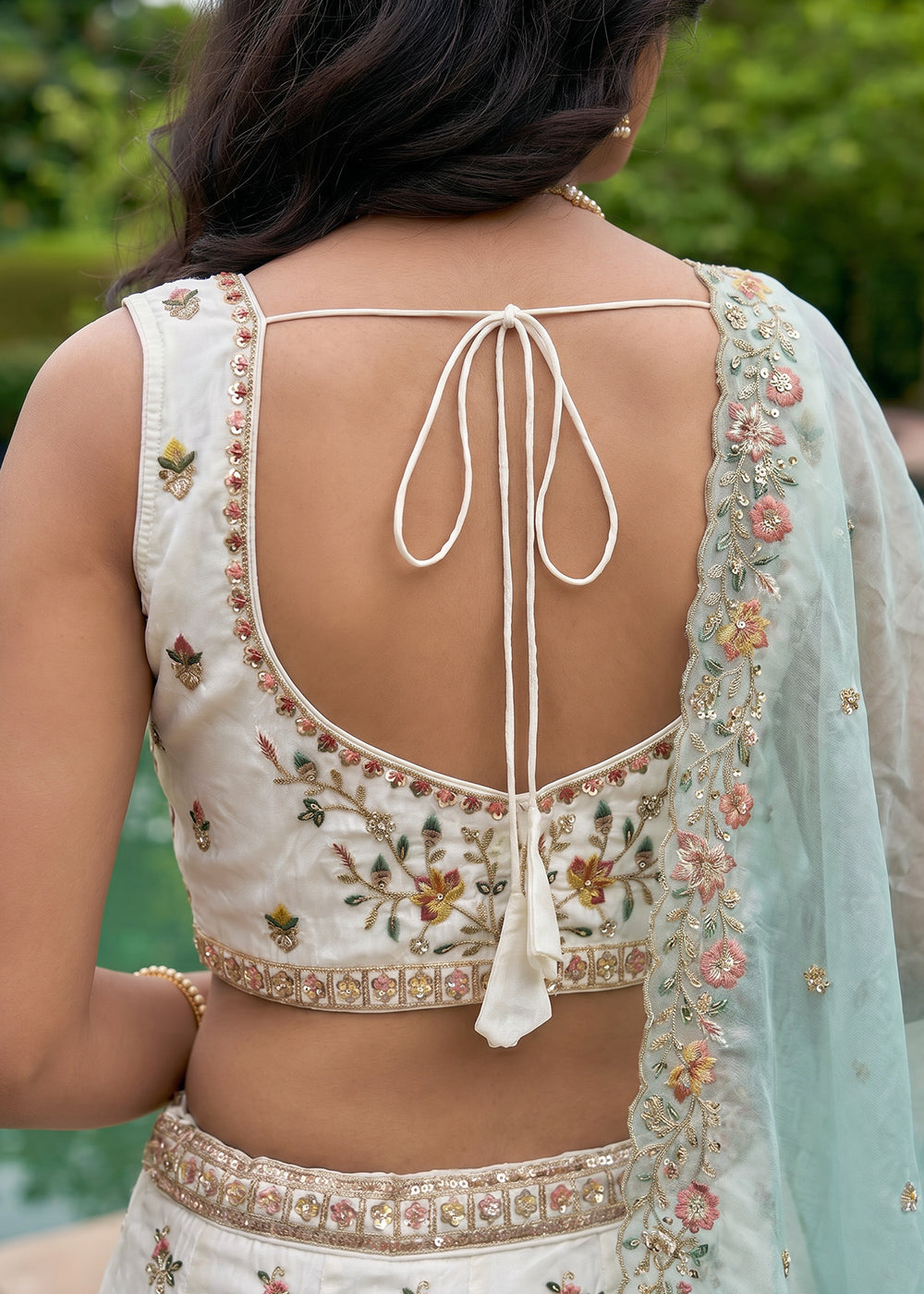 Ivory White Organza Lehenga Choli with Powder Blue Dupatta, Zari, Thread &amp; Peacock Embroidery
