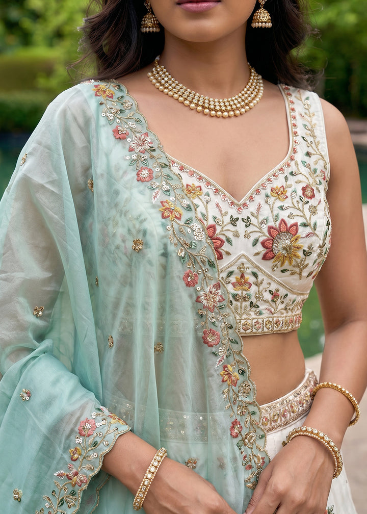 Ivory White Organza Lehenga Choli with Powder Blue Dupatta, Zari, Thread &amp; Peacock Embroidery