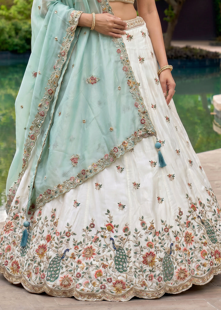 Ivory White Organza Lehenga Choli with Powder Blue Dupatta, Zari, Thread &amp; Peacock Embroidery
