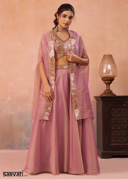 Carnation Pink Tissue Top & Palazzo Ensemble with Flared Cape