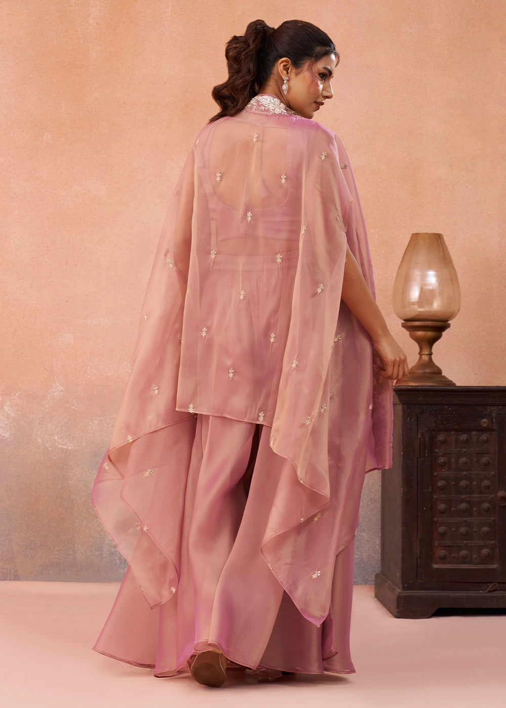 Carnation Pink Tissue Top & Palazzo Ensemble with Flared Cape