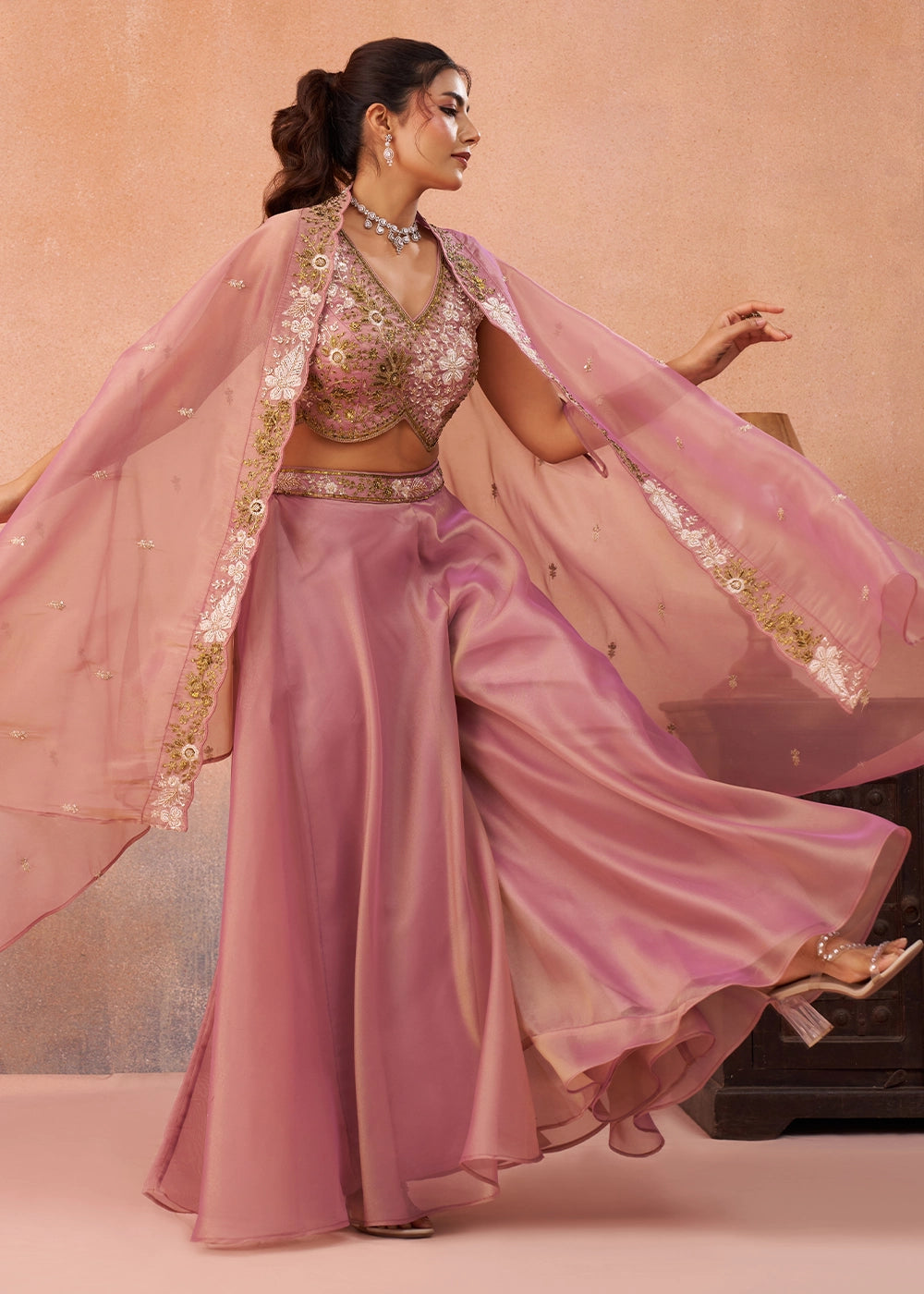 Carnation Pink Tissue Top & Palazzo Ensemble with Flared Cape