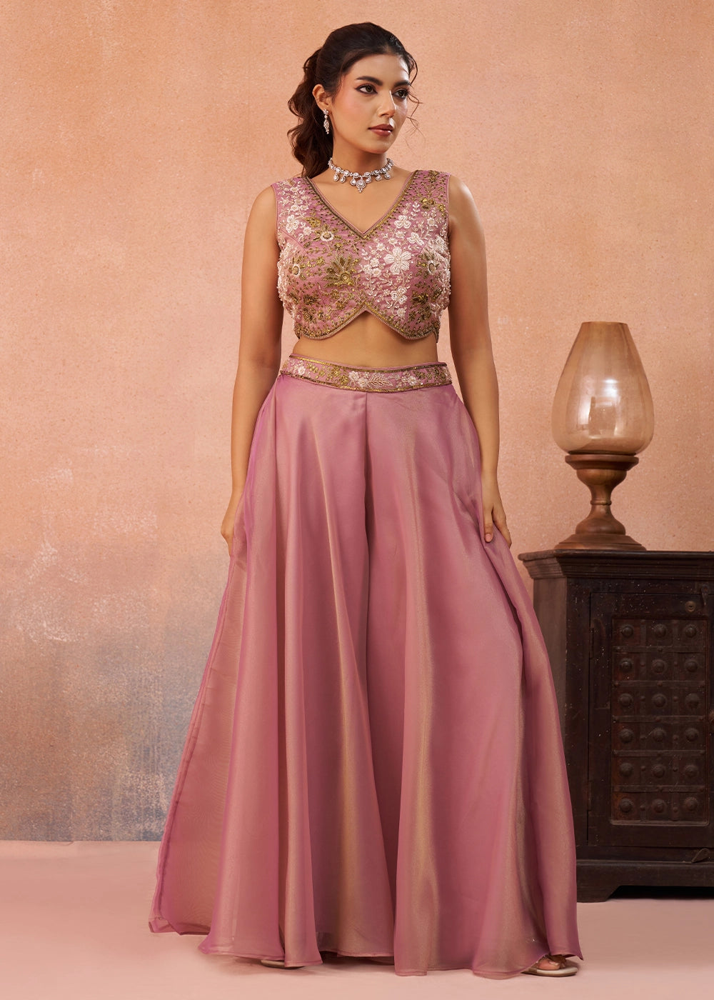 Carnation Pink Tissue Top & Palazzo Ensemble with Flared Cape