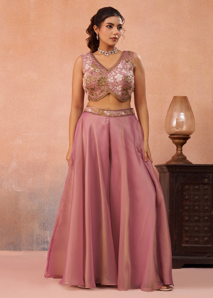 Carnation Pink Tissue Top & Palazzo Ensemble with Flared Cape