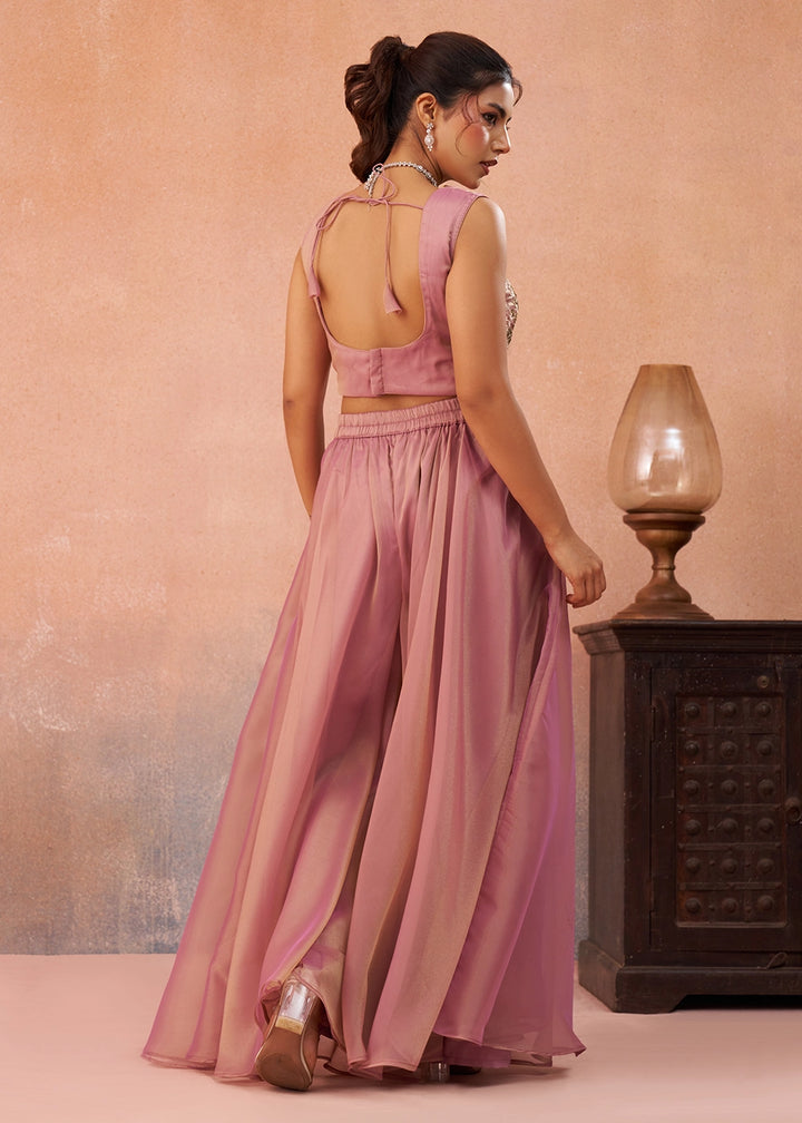 Carnation Pink Tissue Top & Palazzo Ensemble with Flared Cape