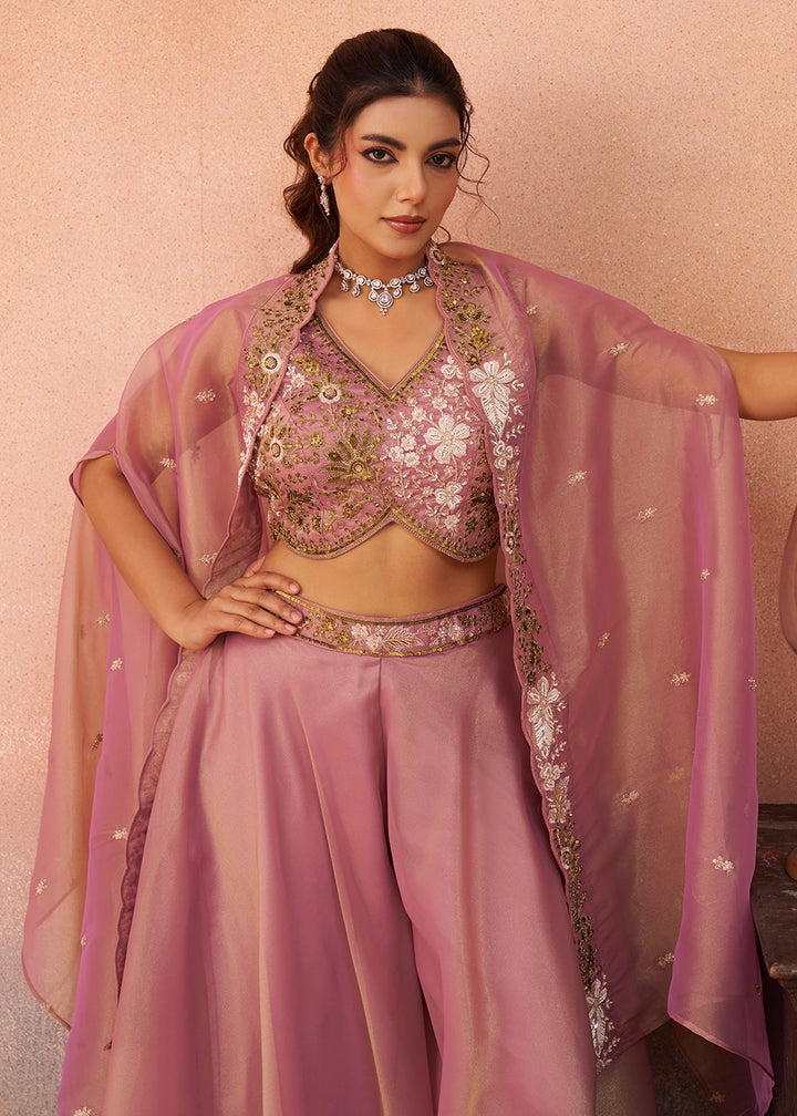 Carnation Pink Tissue Top & Palazzo Ensemble with Flared Cape