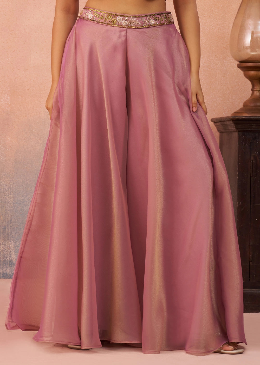 Carnation Pink Tissue Top & Palazzo Ensemble with Flared Cape