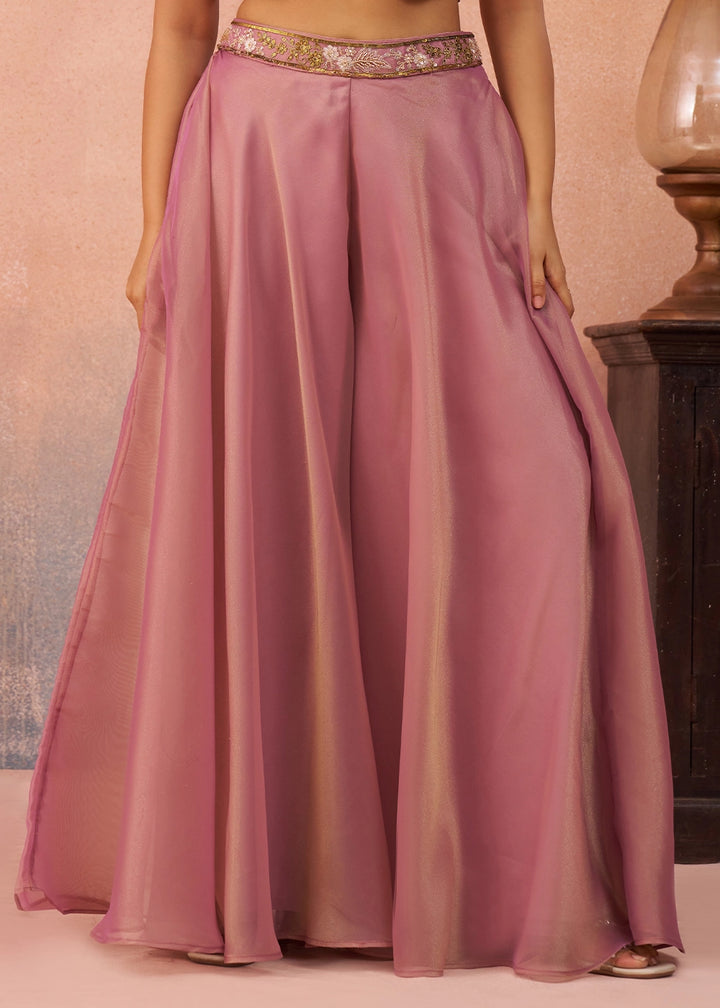Carnation Pink Tissue Top & Palazzo Ensemble with Flared Cape