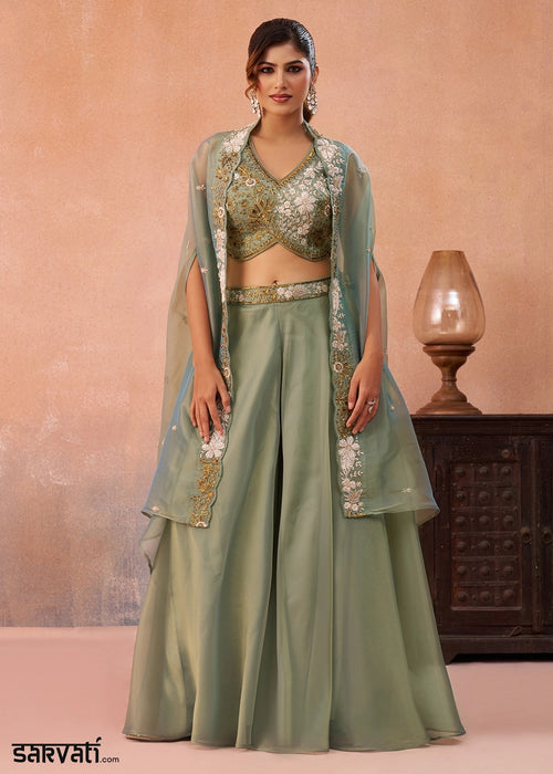 Light Pista Green Tissue Top & Palazzo Ensemble with Flared Cape