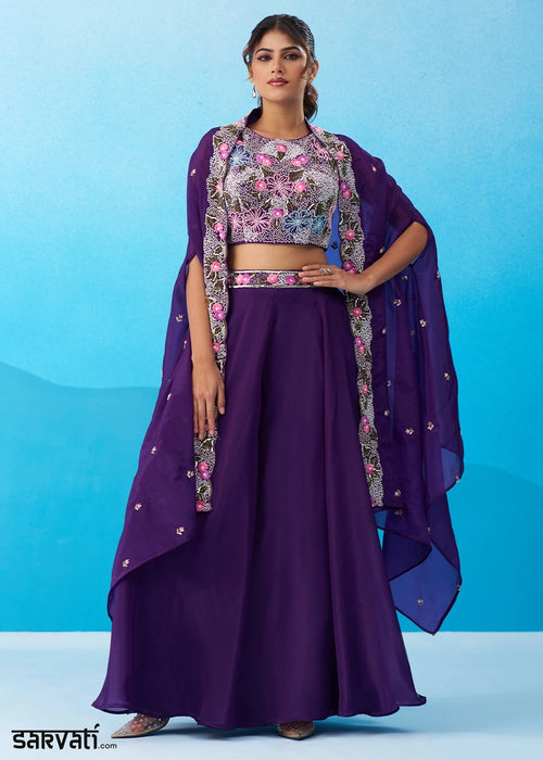 Cadbury Purple Crepe Top & Palazzo Ensemble with Flared Cape