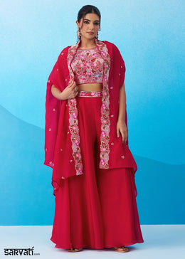 Cerise Pink Crepe Top & Palazzo Ensemble with Flared Cape