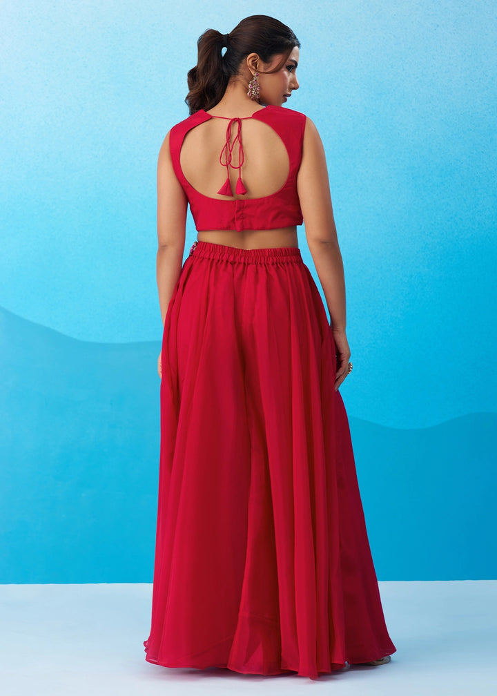 Cerise Pink Crepe Top & Palazzo Ensemble with Flared Cape