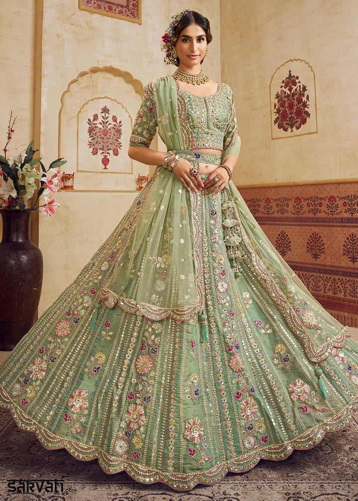 Celadon Green Net Lehenga Choli with Floral Embroidery & Sequins work