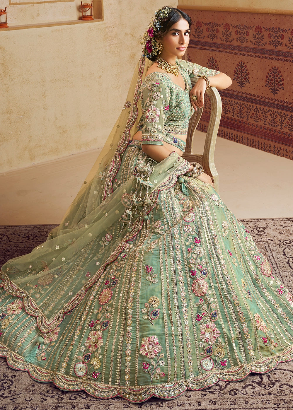 Celadon Green Net Lehenga Choli with Floral Embroidery & Sequins work