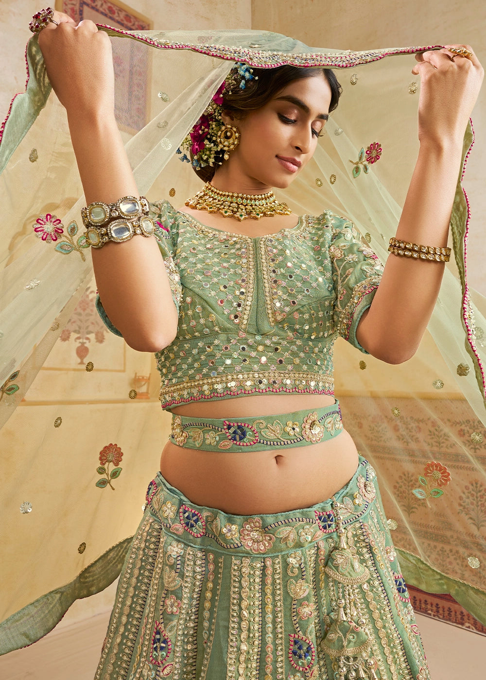 Celadon Green Net Lehenga Choli with Floral Embroidery & Sequins work