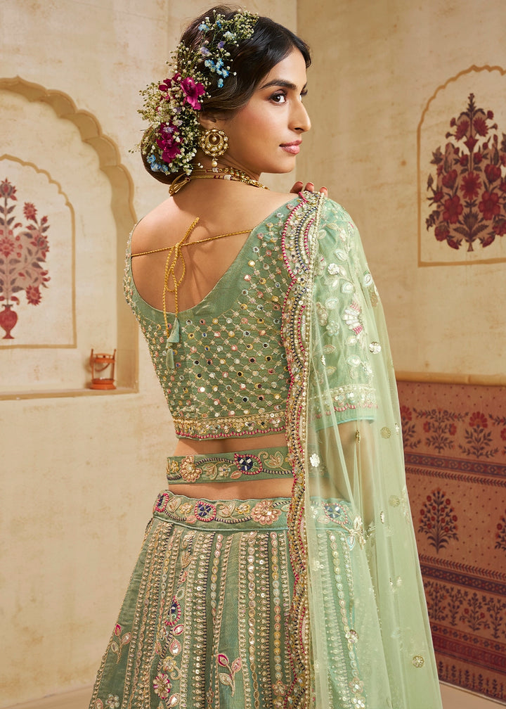 Celadon Green Net Lehenga Choli with Floral Embroidery & Sequins work