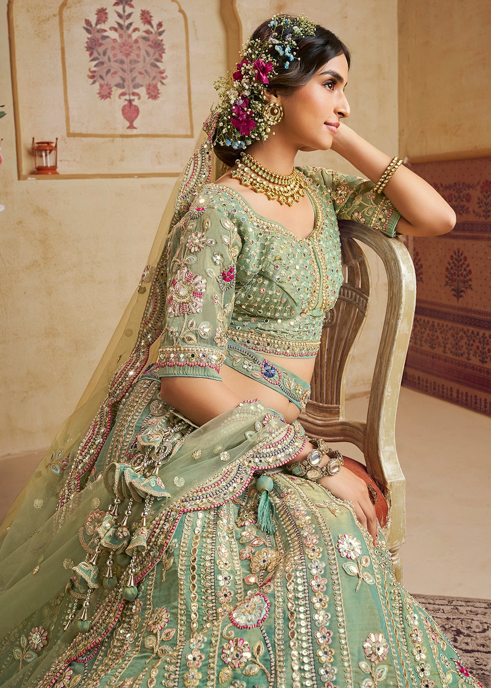 Celadon Green Net Lehenga Choli with Floral Embroidery & Sequins work