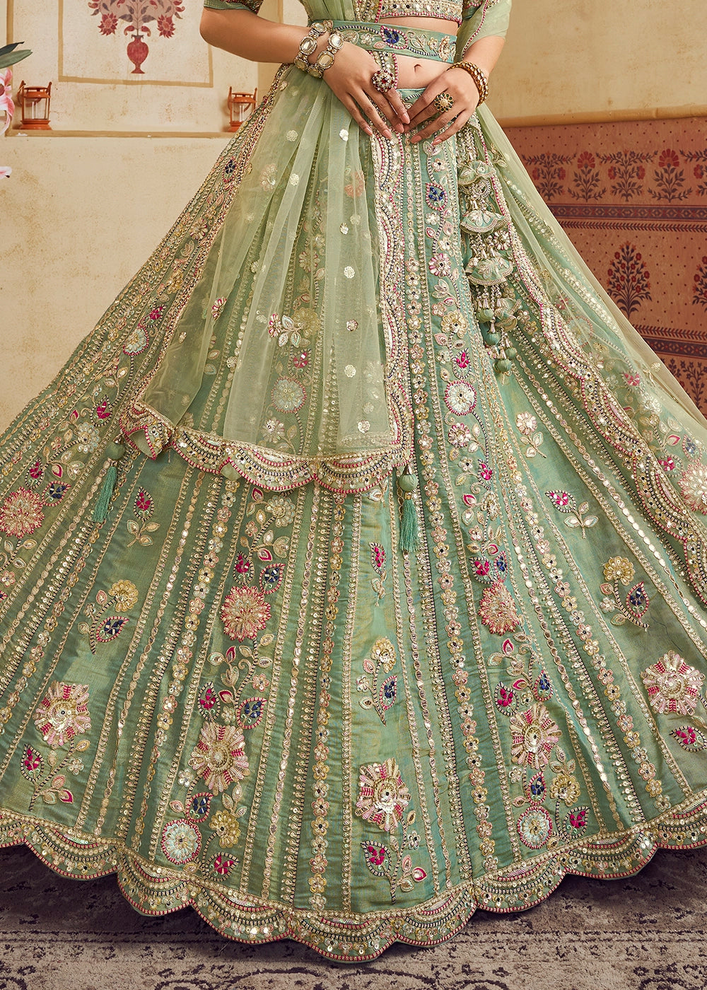 Celadon Green Net Lehenga Choli with Floral Embroidery & Sequins work