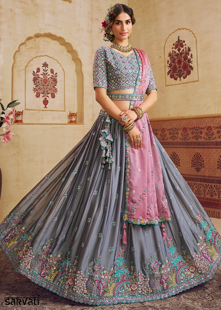 Steel Grey Silk Lehenga Choli with Floral Embroidery & Sequins work