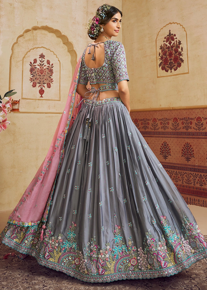 Steel Grey Silk Lehenga Choli with Floral Embroidery & Sequins work