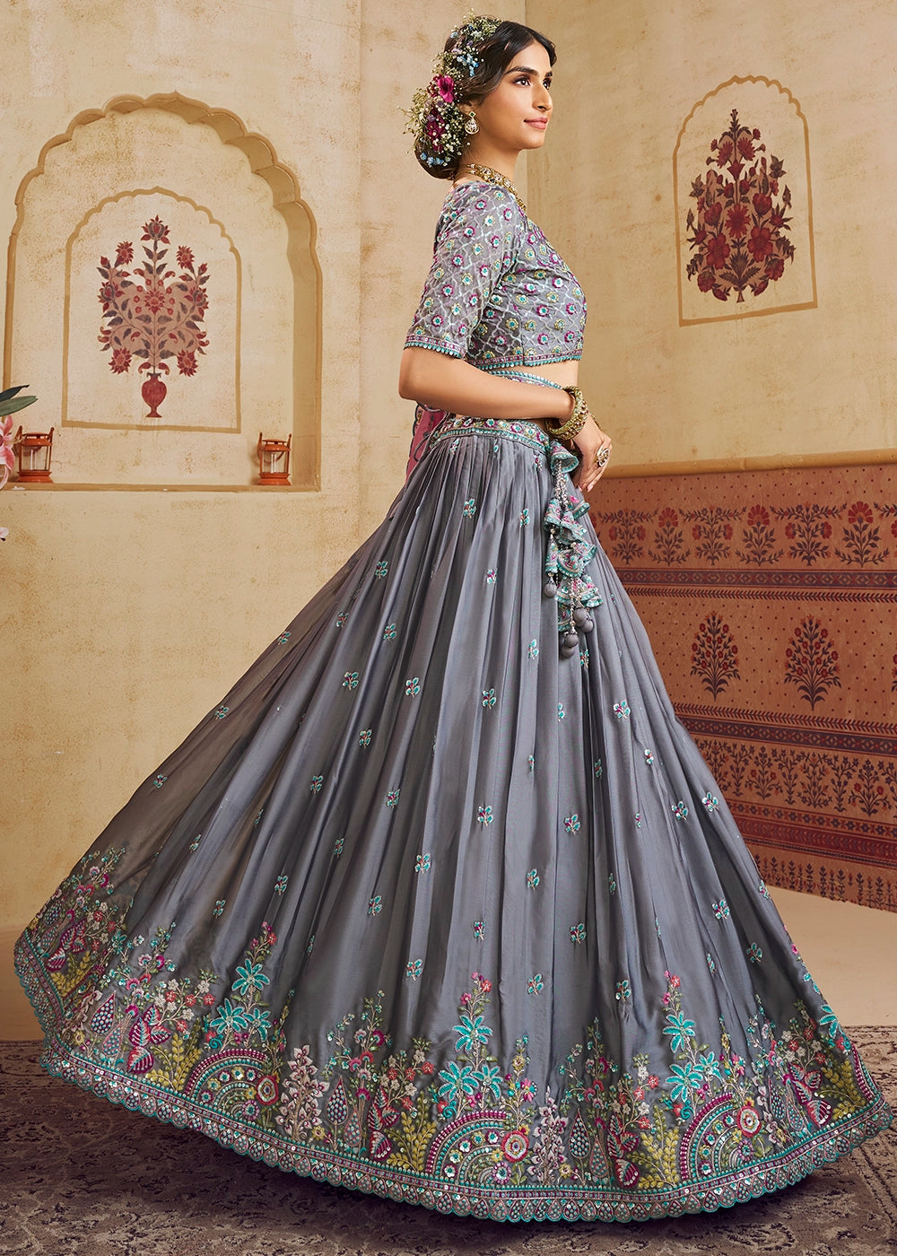 Steel Grey Silk Lehenga Choli with Floral Embroidery & Sequins work