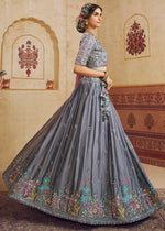 Steel Grey Silk Lehenga Choli with Floral Embroidery & Sequins work