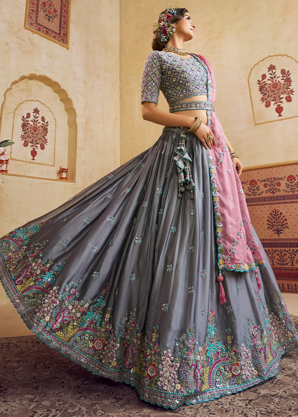 Steel Grey Silk Lehenga Choli with Floral Embroidery & Sequins work