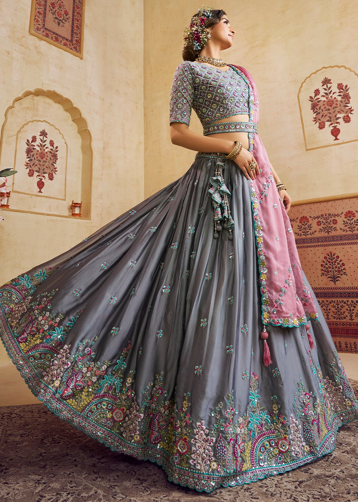 Steel Grey Silk Lehenga Choli with Floral Embroidery & Sequins work