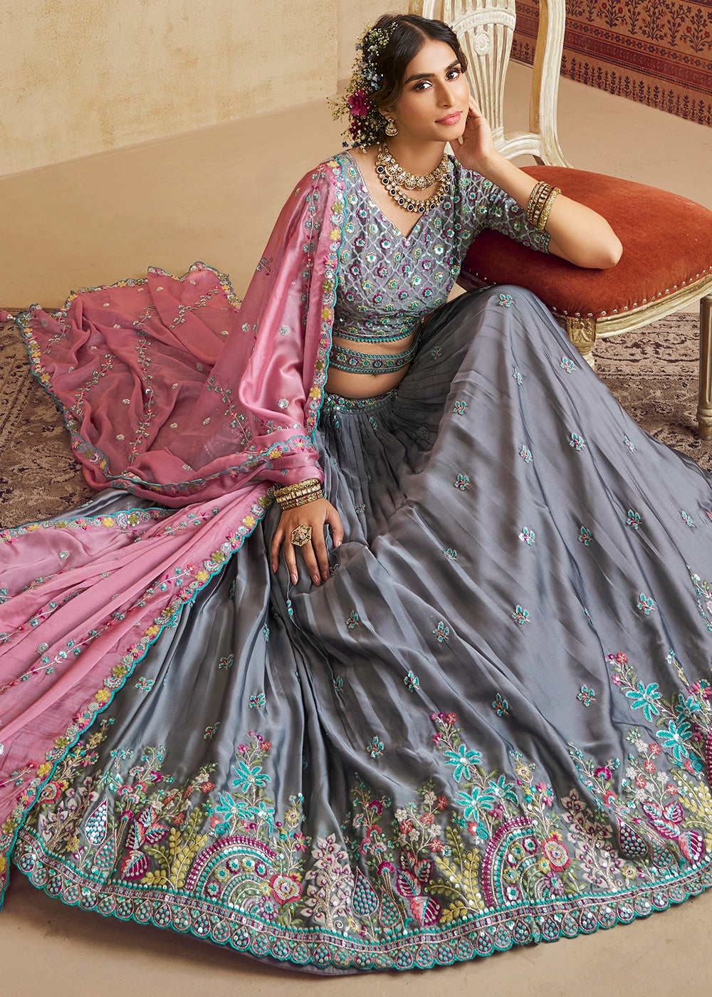 Steel Grey Silk Lehenga Choli with Floral Embroidery & Sequins work