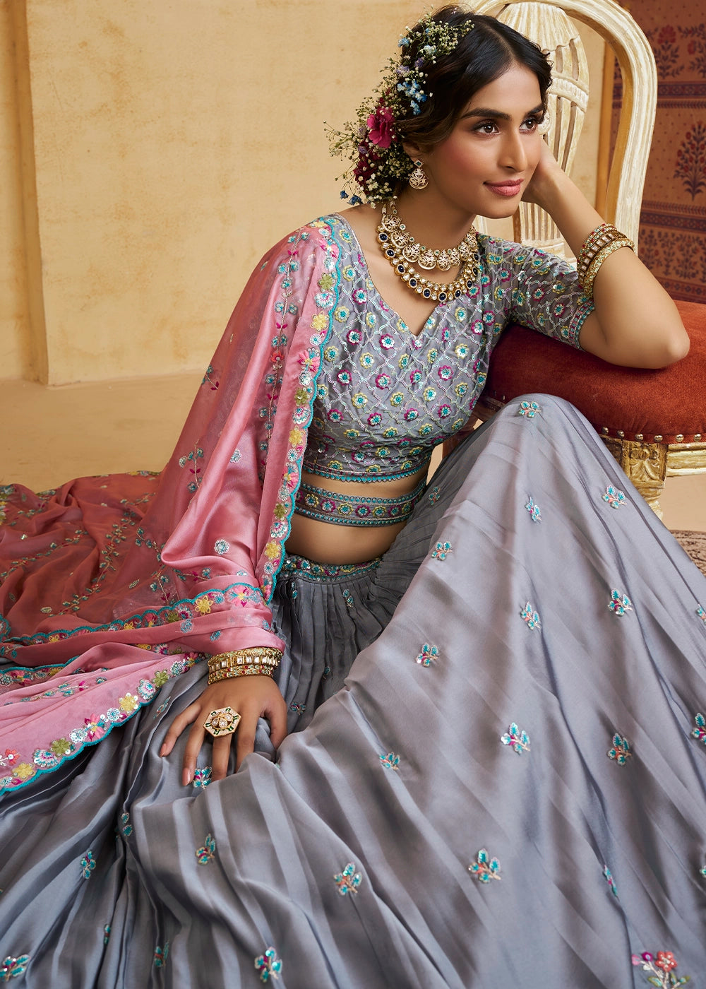 Steel Grey Silk Lehenga Choli with Floral Embroidery & Sequins work