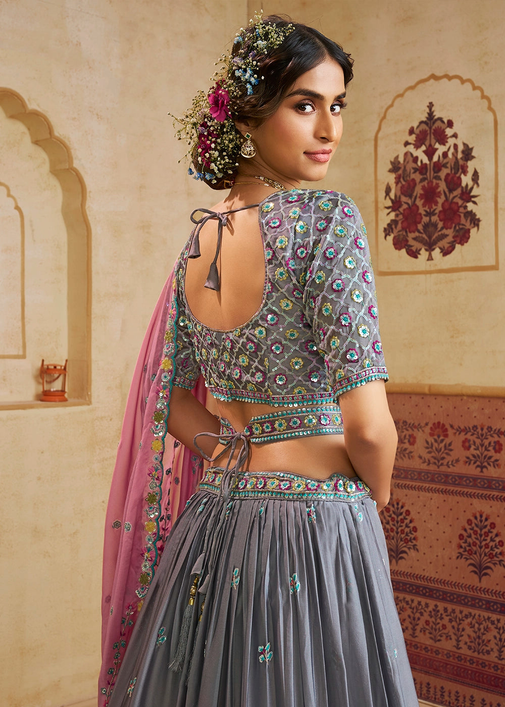 Steel Grey Silk Lehenga Choli with Floral Embroidery & Sequins work