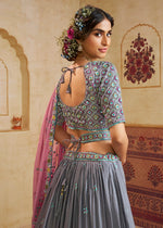 Steel Grey Silk Lehenga Choli with Floral Embroidery & Sequins work