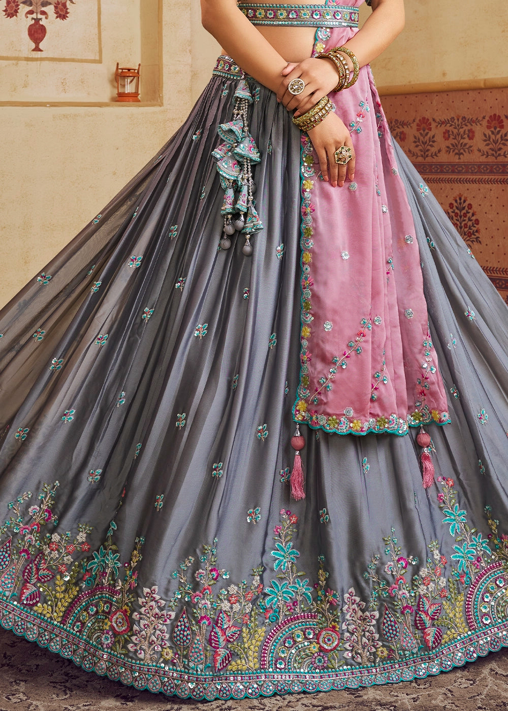 Steel Grey Silk Lehenga Choli with Floral Embroidery & Sequins work