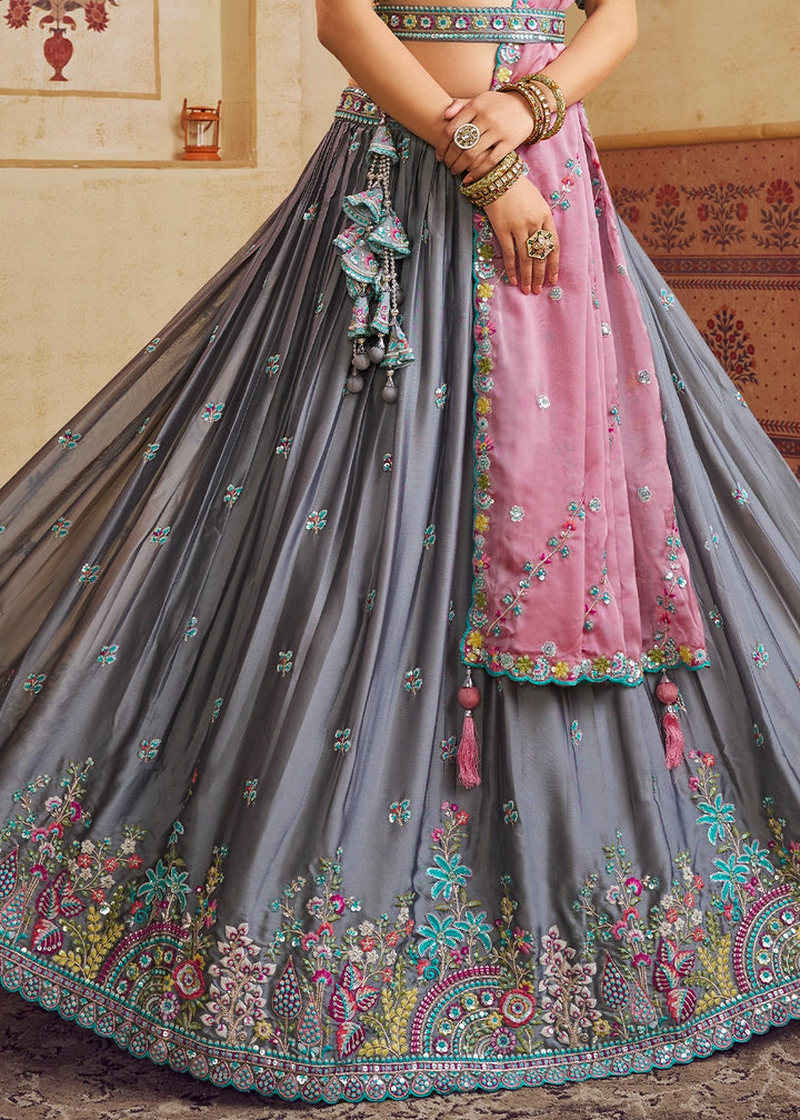 Steel Grey Silk Lehenga Choli with Floral Embroidery & Sequins work