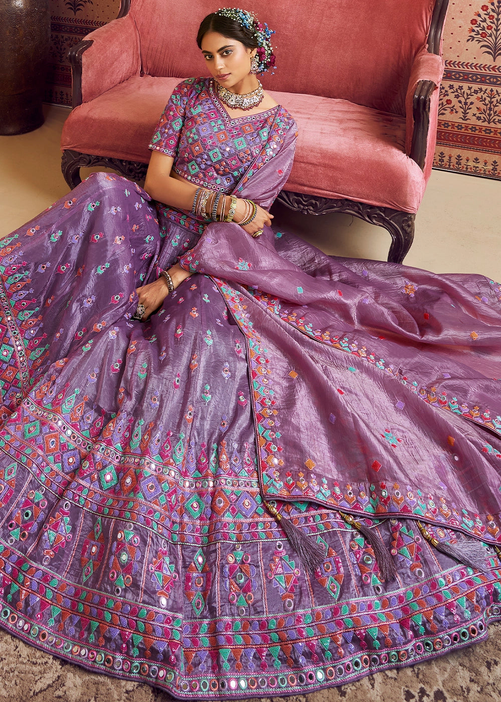 Amethyst Purple Organza Lehenga Choli with Floral Embroidery & Sequins work