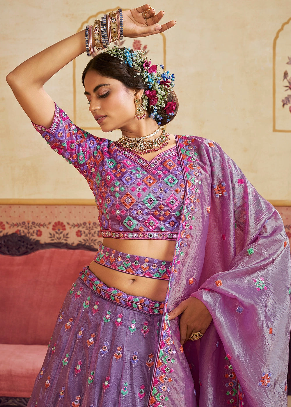 Amethyst Purple Organza Lehenga Choli with Floral Embroidery & Sequins work