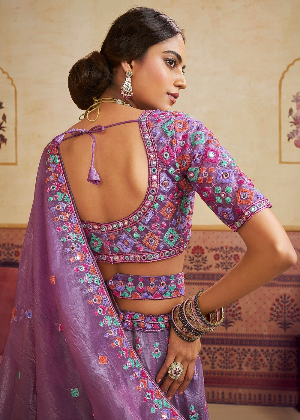 Amethyst Purple Organza Lehenga Choli with Floral Embroidery & Sequins work