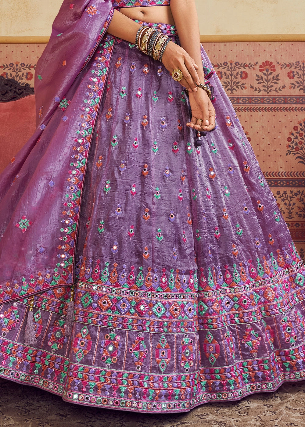 Amethyst Purple Organza Lehenga Choli with Floral Embroidery & Sequins work