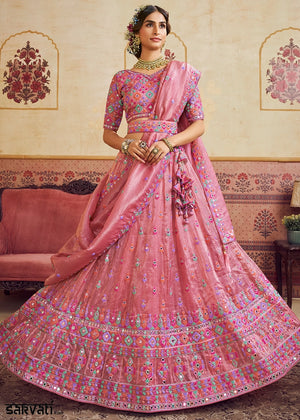 Rouge Pink Organza Lehenga Choli with Floral Embroidery & Sequins work