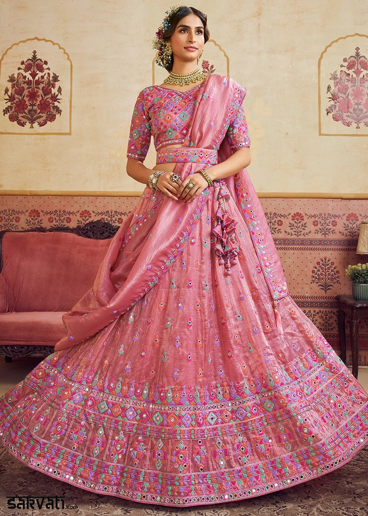Rouge Pink Organza Lehenga Choli with Floral Embroidery & Sequins work