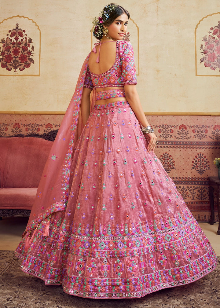 Rouge Pink Organza Lehenga Choli with Floral Embroidery & Sequins work