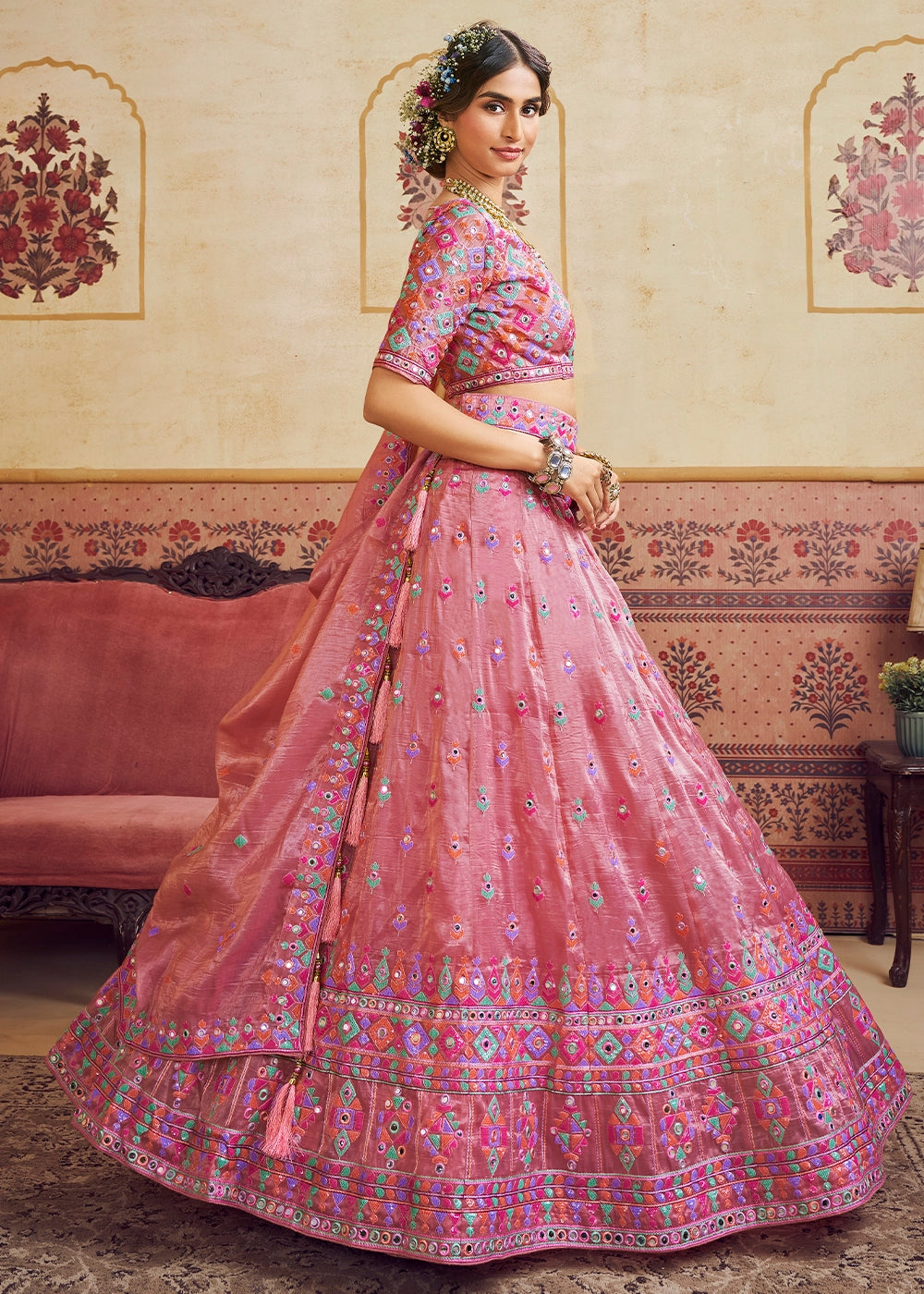 Rouge Pink Organza Lehenga Choli with Floral Embroidery & Sequins work