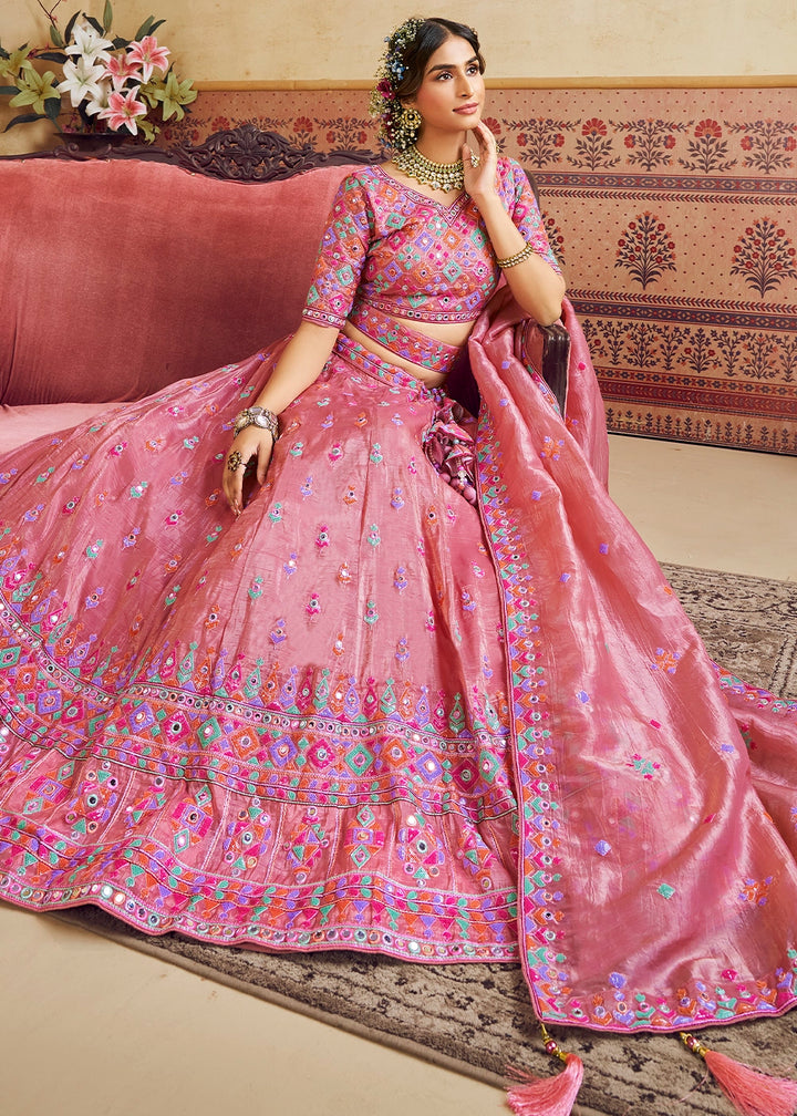 Rouge Pink Organza Lehenga Choli with Floral Embroidery & Sequins work