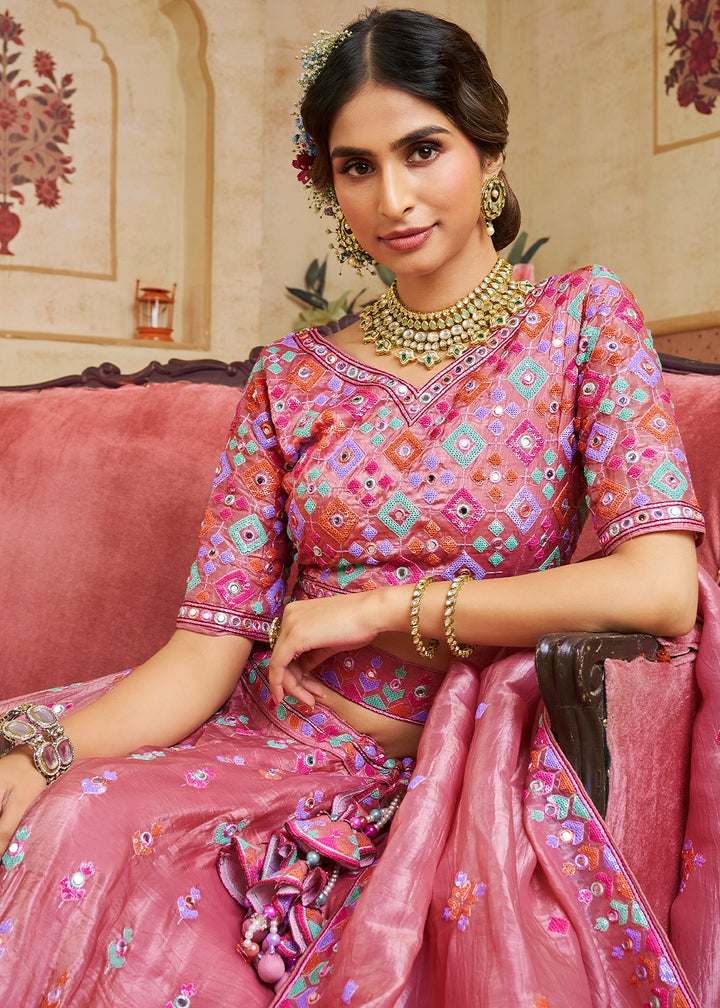 Rouge Pink Organza Lehenga Choli with Floral Embroidery & Sequins work